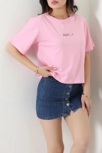 Bisiklet Yaka Oversize Baskılı Penye Tişört Pembe - 55209.1878.