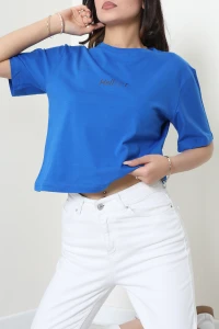 Bisiklet Yaka Oversize Baskılı Penye Tişört Saks - 55209.1878.