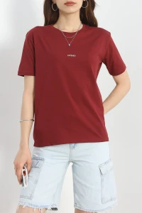 Baskılı Bisiklet Yaka Lüks Penye Tişört Bordo - 60242.1878.