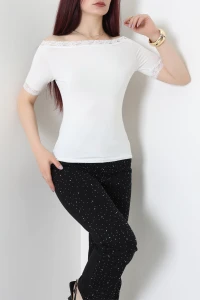 Madonna Yaka Dantelli İpeksi Viskon Body Ekru - 71649.1567.