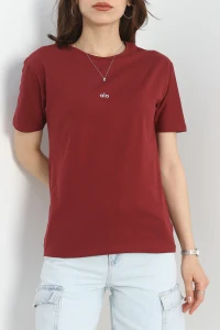 Baskılı Bisiklet Yaka Penye Tişört Bordo - 90910.1878.