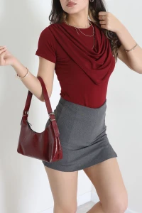 Degaje Yaka Kısakol Sandy Bluz Bordo - 71776.2023.