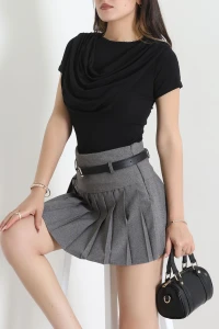 Degaje Yaka Kısakol Sandy Bluz Siyah - 71776.2023.