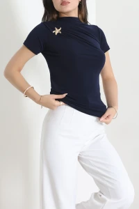 Yıldız Toka Detaylı Kısakol Sandy Bluz Lacivert - 71778.2023.