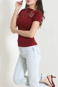 Toka Detaylı Kısakol Sandy Bluz Bordo - 71779.2023.