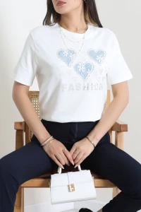 Kalp Baskılı Penye Tişört Beyaz - 71912.996.