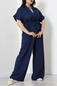 Büyük Beden Keten Kumaş Kimono Takım Lacivert - 71728.2034.