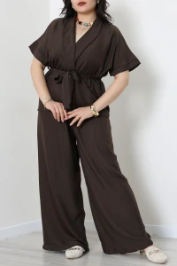 Büyük Beden Keten Kumaş Kimono Takım Acıkahve - 71728.2034.