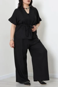 Büyük Beden Keten Kumaş Kimono Takım Siyah - 71728.2034.