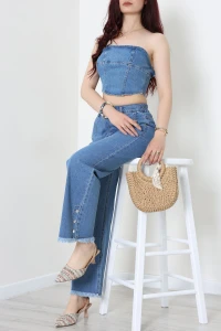 Paça Çıtçıtlı Palazzo Kot Pantolon Mavi - 33056.2121.