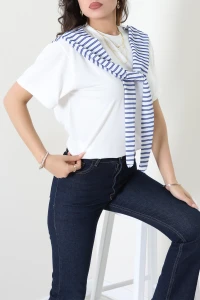 Çizgili Atkı Detaylı Tişört Saks - 4245.1247.
