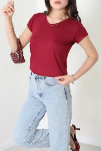 V Yaka Kısa Kollu Viskon Bluz Bordo - 71489.599.