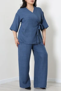 Büyük Beden Keten Kumaş Yan Bağlamalı Kimono Takım Lacivert - 71730.2034.