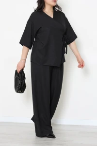 Büyük Beden Keten Kumaş Yan Bağlamalı Kimono Takım Siyah - 71730.2034.