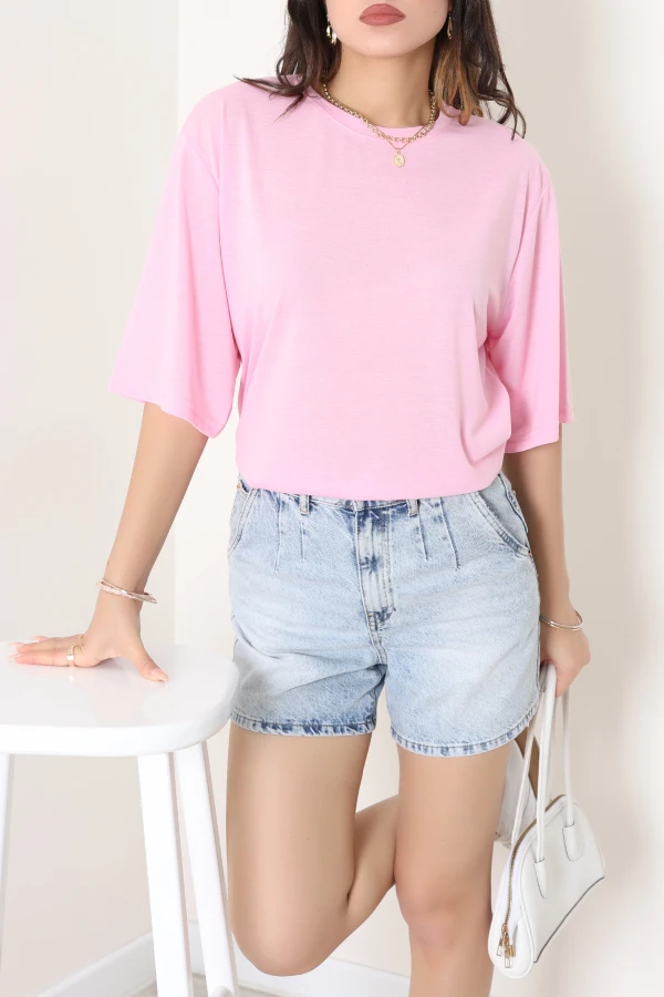 Bisiklet Yaka Oversize Vorteks Tişört Pembe - 55210.1878.