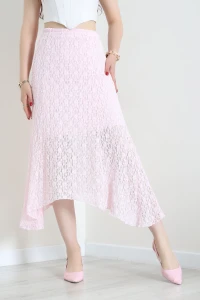 Dantelli Asimetrik Kesim Etek Pembe - 62100.1247.