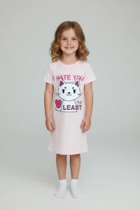 5-14 Yaş Baskılı Kız Çocuk Elbise Pijama Pudra - 6146.1951.