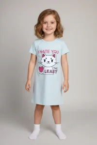 5-14 Yaş Baskılı Kız Çocuk Elbise Pijama Açıkmavi - 6146.1951.