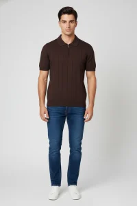 Polo Yaka Fermuarlı Kısa Kollu Erkek Triko Kahve - 71659.518.