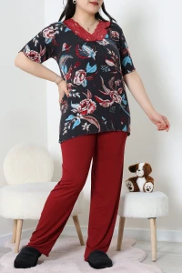 Büyük Beden Dantelli Pijama Takımı Bordobeyaz - 71500.1773.