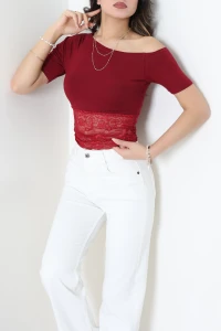 Viskon Asimetrik Yaka Dantelli Bluz Bordo - 43974.1857.