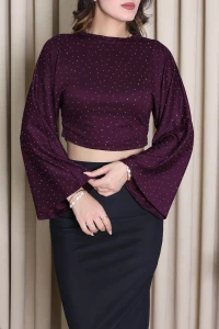 Büzgülü Taşlı Modal Bluz Mürdüm - 52386.2181.