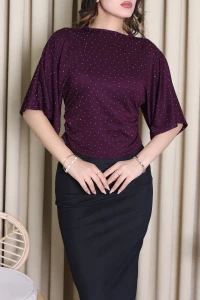 Taşlı Modal Bluz Mürdüm - 52417.2181.