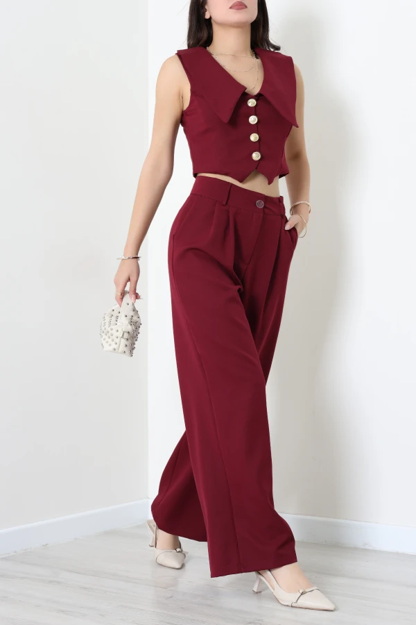 V Yaka Yelekli Double Takım Bordo - 55201.701.