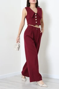V Yaka Yelekli Double Takım Bordo - 55201.701.