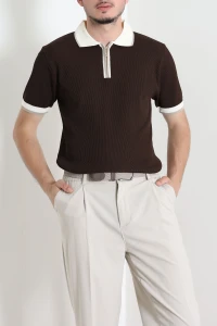 Polo Yaka Fermuarlı Kısa Kollu Erkek Triko Kahve - 71655.518.