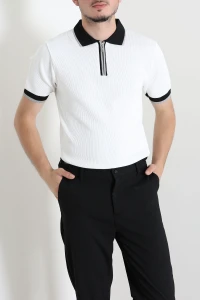 Polo Yaka Fermuarlı Kısa Kollu Erkek Triko Krem - 71655.518.