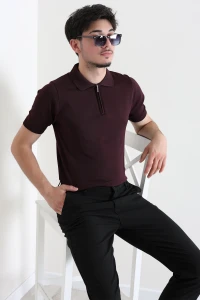 Polo Yaka Yarım Fermuarlı Kısa Kollu Erkek Triko Mürdüm - 71657.518.