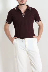 Premium Fitilli Polo Yaka Garnili Erkek Tişört Mürdüm - 71900.2167.