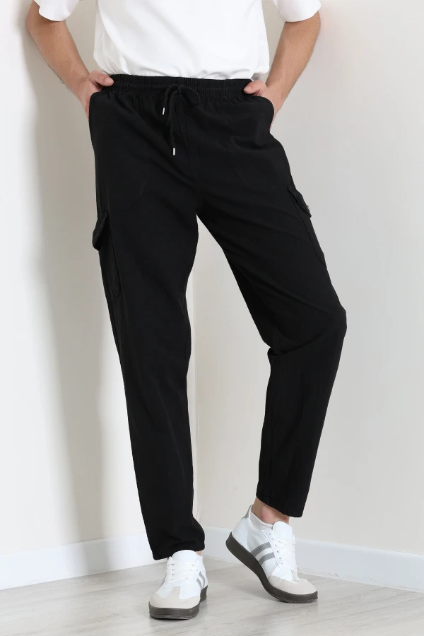 Keten Beli Lastikli Kargo Cepli Erkek Pantolon Siyah - 75036.2170.