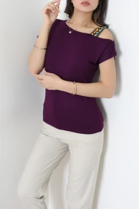 Omuz Şerit Detaylı Viskon Bluz Mürdüm - 70577.599.