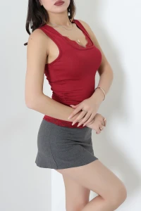 Yaka Ve Eteği Dantelli Buzy Bluz Bordo - 71521.1748.
