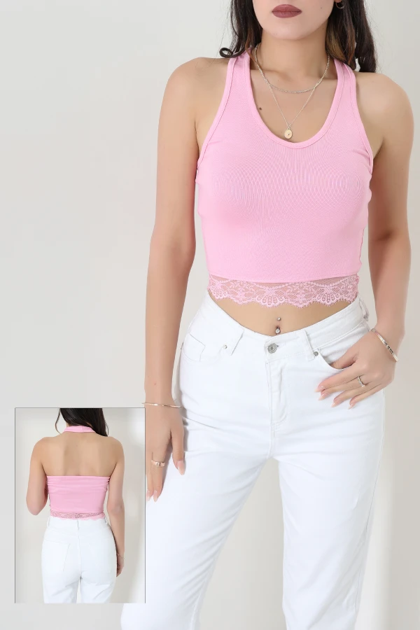 Boyundan Geçmeli Dantel Detaylı Buzy Bluz Pembe - 71525.1748.