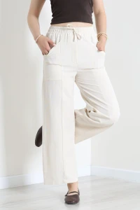 Belden Bağlamalı Bol Kesim Cepli Keten Pantolon Taş - 53671.1437.