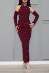 İthal Krep Halter Yaka Taş Detaylı Abiye Mor - 583330.1592.