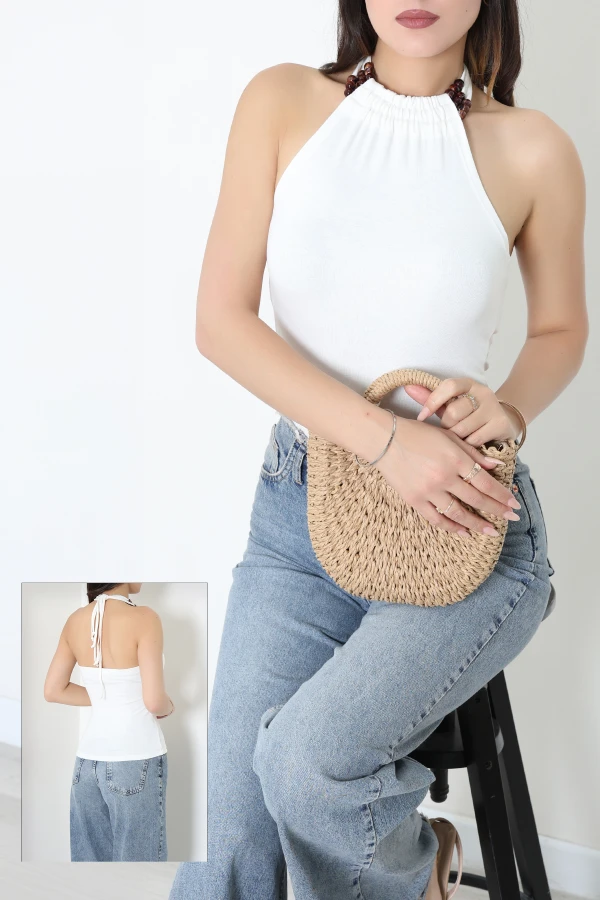 Halter Yaka Boncuk Detaylı Boyundan Bağlamalı Buzy Bluz Ekru - 71964.1748.
