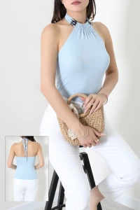 Halter Yaka Boncuk Detaylı Boyundan Bağlamalı Buzy Bluz Bebemavi - 71964.1748.