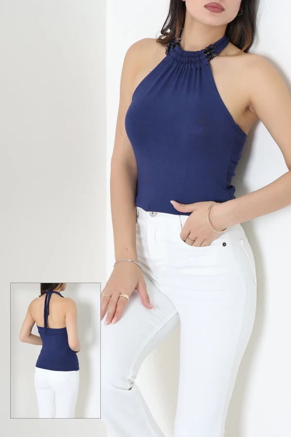 Halter Yaka Boncuk Detaylı Boyundan Bağlamalı Buzy Bluz Lacivert - 71964.1748.