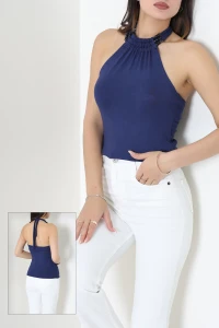 Halter Yaka Boncuk Detaylı Boyundan Bağlamalı Buzy Bluz Lacivert - 71964.1748.