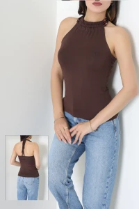 Halter Yaka Boncuk Detaylı Boyundan Bağlamalı Buzy Bluz Acıkahve - 71964.1748.