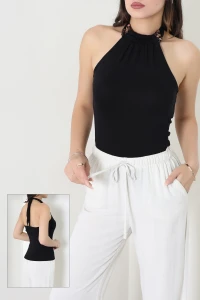 Halter Yaka Boncuk Detaylı Boyundan Bağlamalı Buzy Bluz Siyah - 71964.1748.