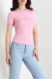 Bisiklet Yaka Kısa Kollu Buzy Bluz Pembe - 71965.1748.