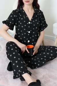 Bürümcük Fırfırlı Pijama Takımı Siyahkrem - 127.1287.
