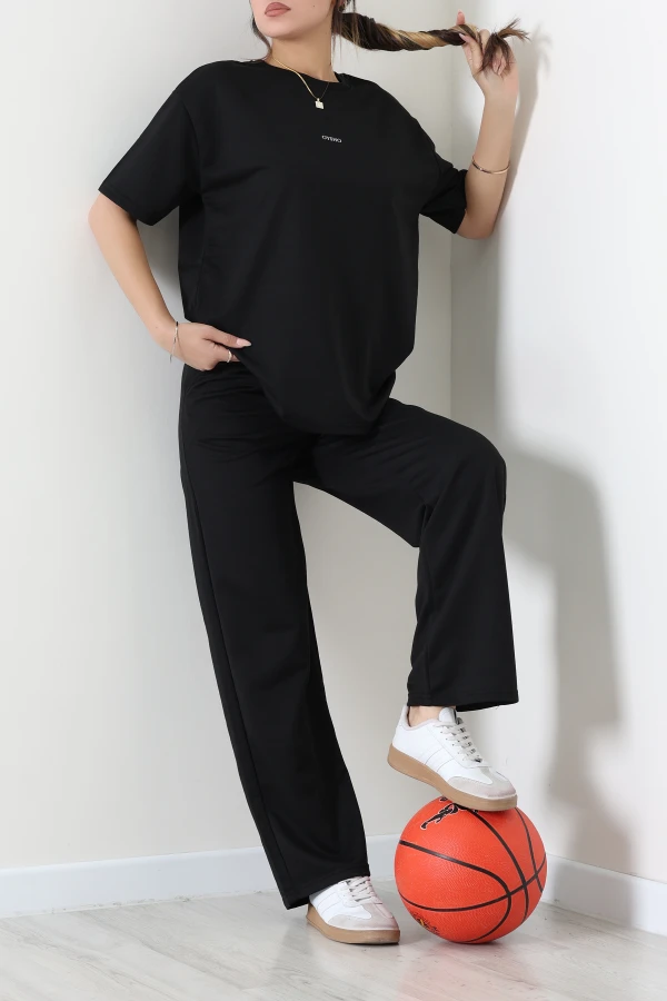 Baskılı Oversize İki İplik Wortex Takım Siyah - 80315.1878.