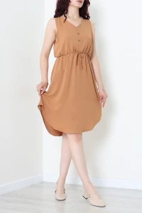 Önden Düğmeli Beli Lastikli Ayrobin Elbise Camel - 71975.701.