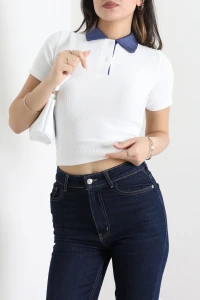 Ottoman Polo Yaka Crop Tişört Ekru - 75088.224.